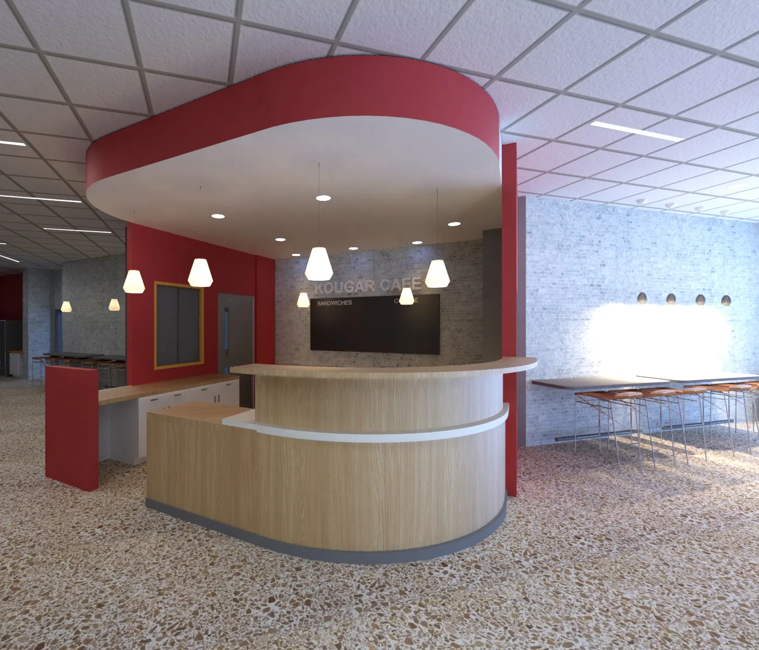 A modern café with red and beige accents, featuring a curvilinear wooden counter and multiple pendant lights. The sign reads "Cougar Café" and the space includes tables and chairs in the background.